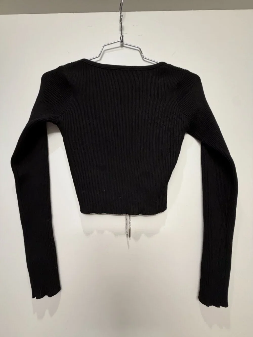 Black Ribbed Crop Top w/ Rhinestone Drawstring - Picture 2 of 3